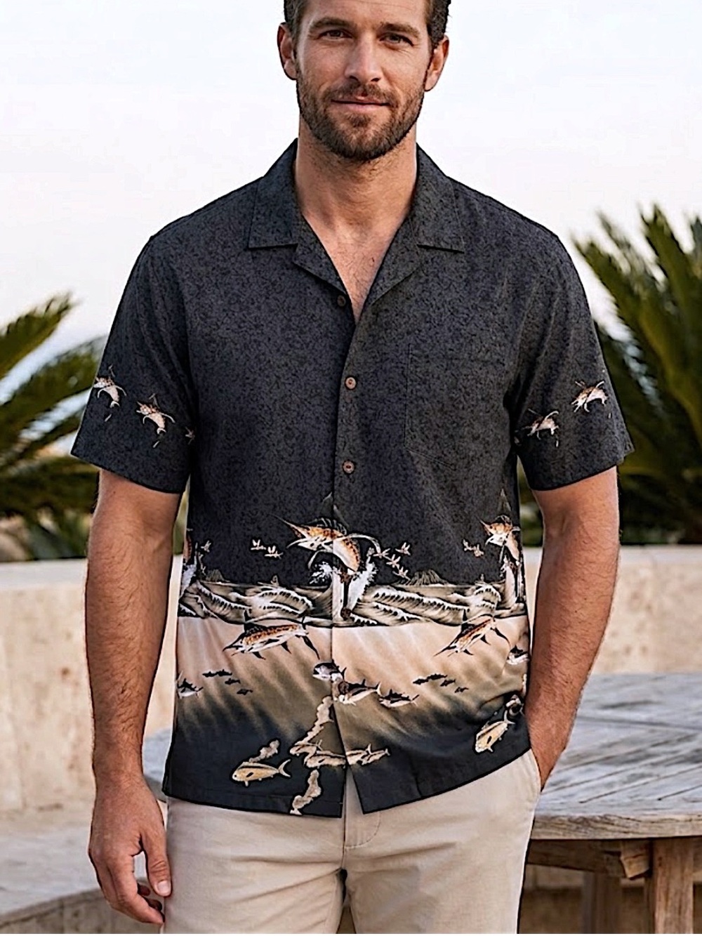 Hawaiian Beach Shirt Cotton Deep Sea Fishing Winnie Fashion Black Tan Men Large